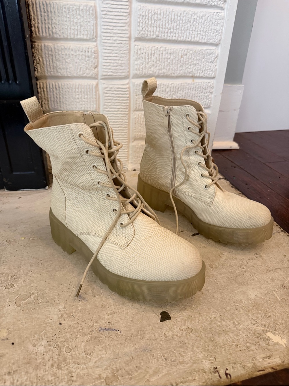 Dirty Laundry Cream Lace-Up Combat Boots with Tan Lug Sole